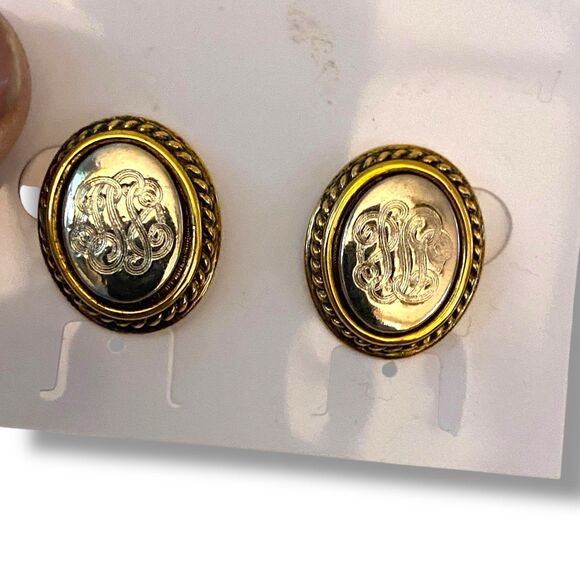 Vintage Silver & Gold Scroll Lettering Pierced Earrings Coin Style - Picture 1 of 6